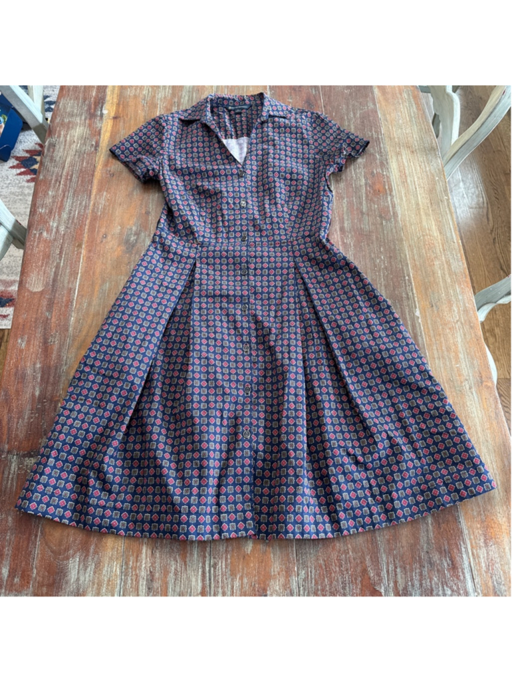 Brooks Brothers 100% Cotton Foulard Shirt Dress Geometric Pleated Skirt 2